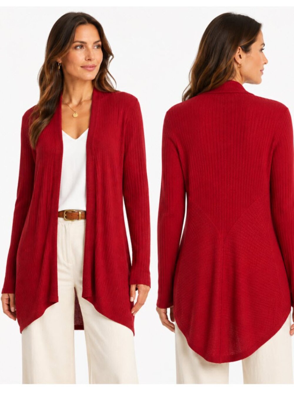 Eileen Fisher Red Silk Organic Cotton Ribbed Open Cardigan M Italian Yarn